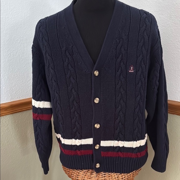 Vintage men’s Izod Cable Knit Collegiate Button Down Navy Blue Cardigan Large - Picture 1 of 7